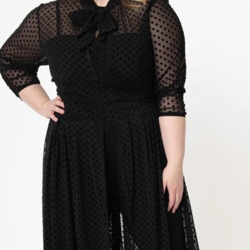 Sheer Dotted Longline Black Jacket Coat with Bow Neck - Picture 7 of 8
